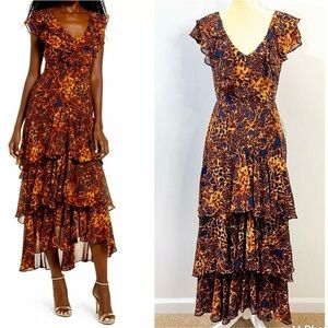 WAYF Chelsea Tiered Ruffle Maxi Dress Size XL Multi Animal Print V-Neck Lined